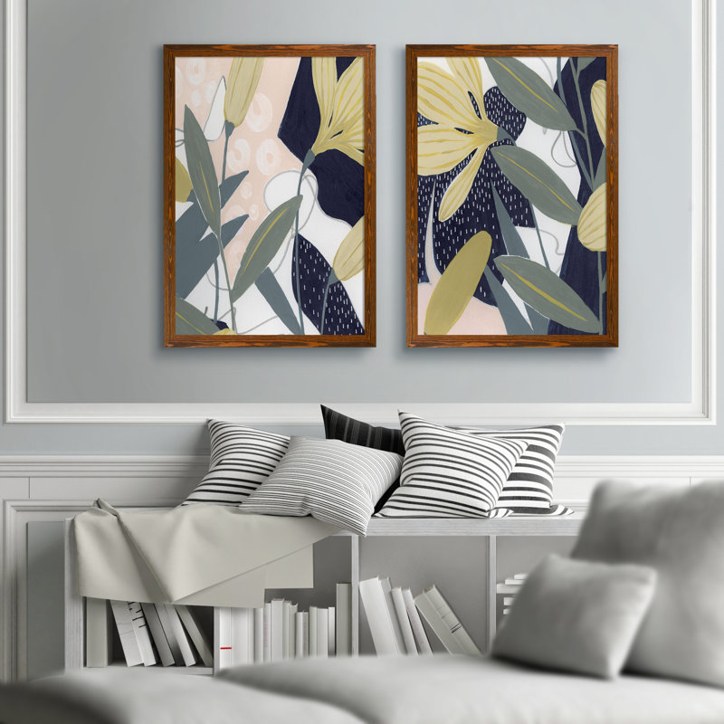 Flores Noche IV - Ensemble de 2 peintures sur toile encadrées, H 24 po x l 18 po x P 1,25 po, Toile avec cadre érable