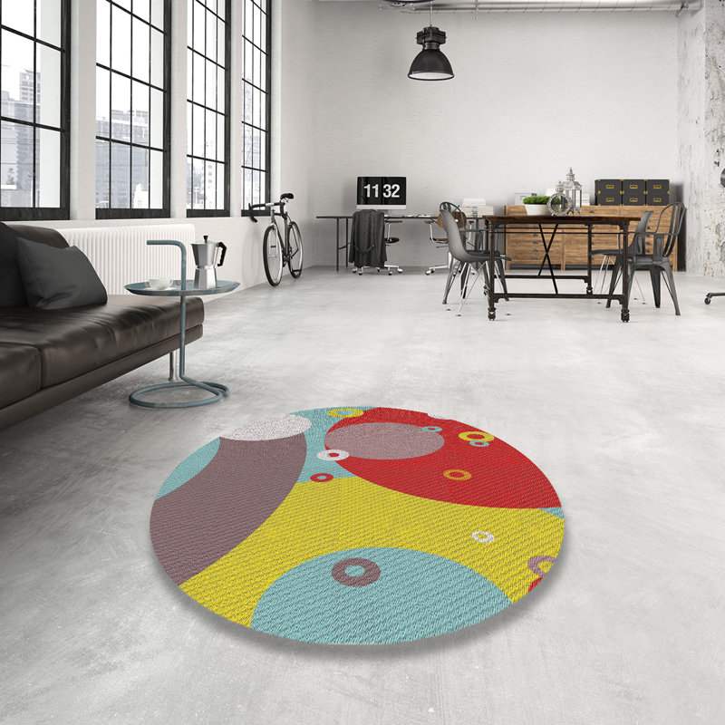 Tapis rouge/jaune/gris à motifs Hotz, Rond 5 pi