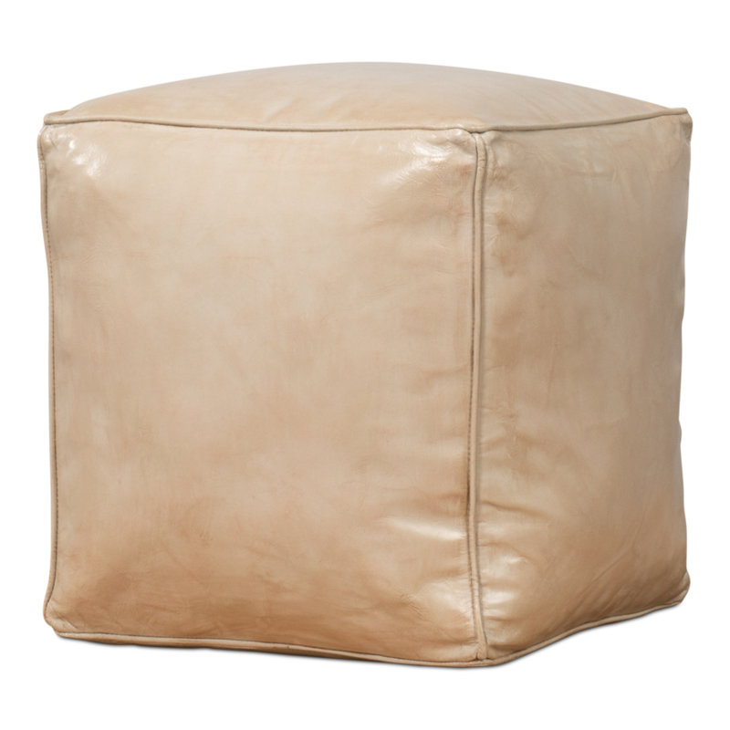 Square Ottoman, Beige Genuine Leather