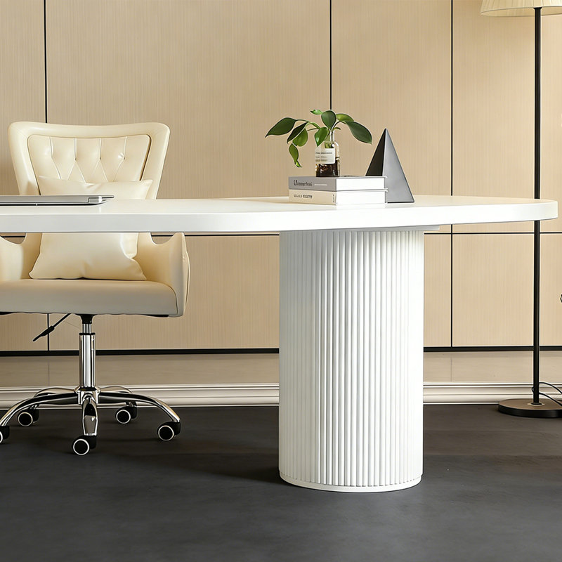 Bureau en bois massif blanc courbé avec 3 tiroirs, H 29,53 po x l 62,99 po x P 43,31 po, Blanc