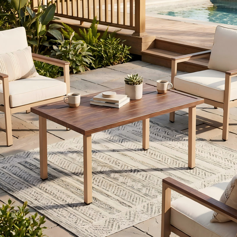 Melvarn Outdoor Patio Steel 37.4" Rectangular Coffee Table with Wood-Look Grain Top