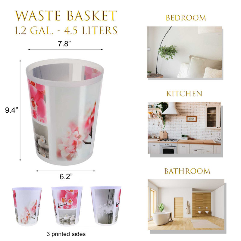 Floral Zen Garden Gray and Pink Plastic Waste Basket