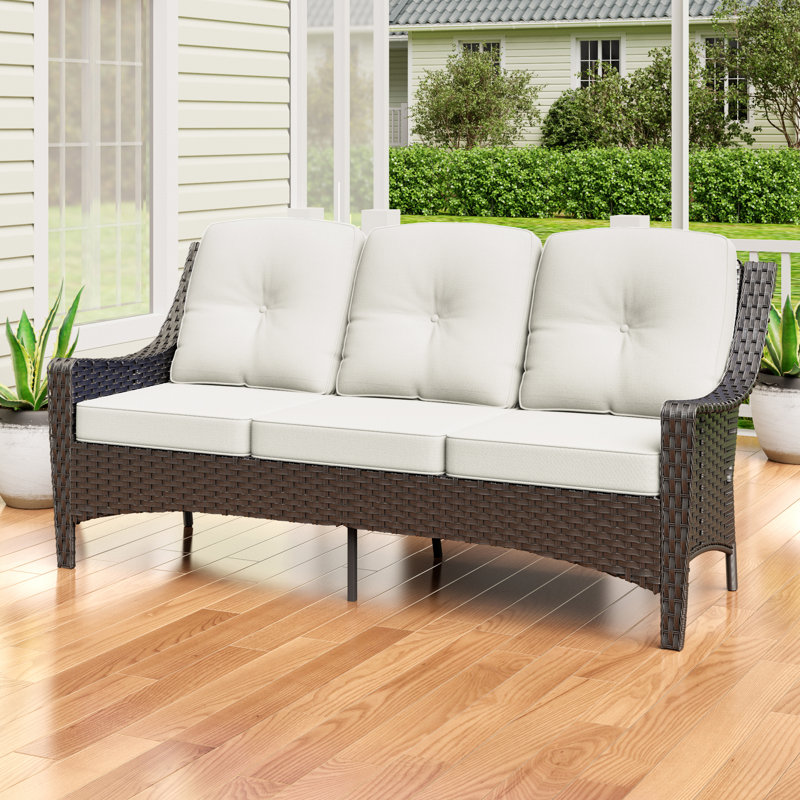 Outdoor Wicker Sofa With Cushions, Beige