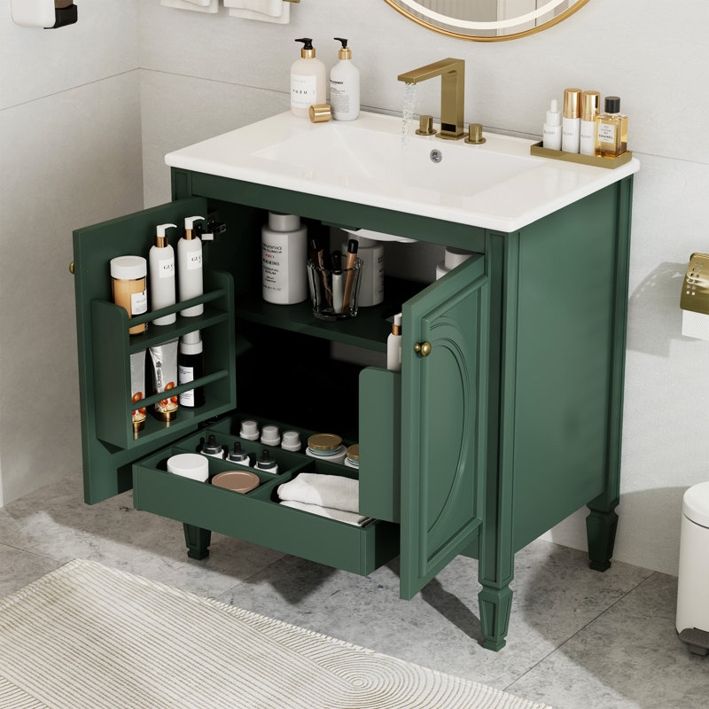 30" Bathroom Vanity With Sink, Two Doors With Shelf, Soft Close Door Hinges, Vintage Style, Green / Gold
