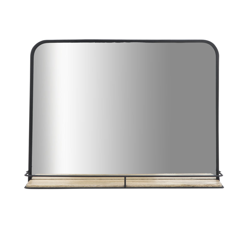 Chic Hanging Wall Mirror Metal Framed with Wooden Plank Shelf for Vanity Table - Large Wall Mirror Accent for Bathroom And Tabletop Decor - Black & Brown