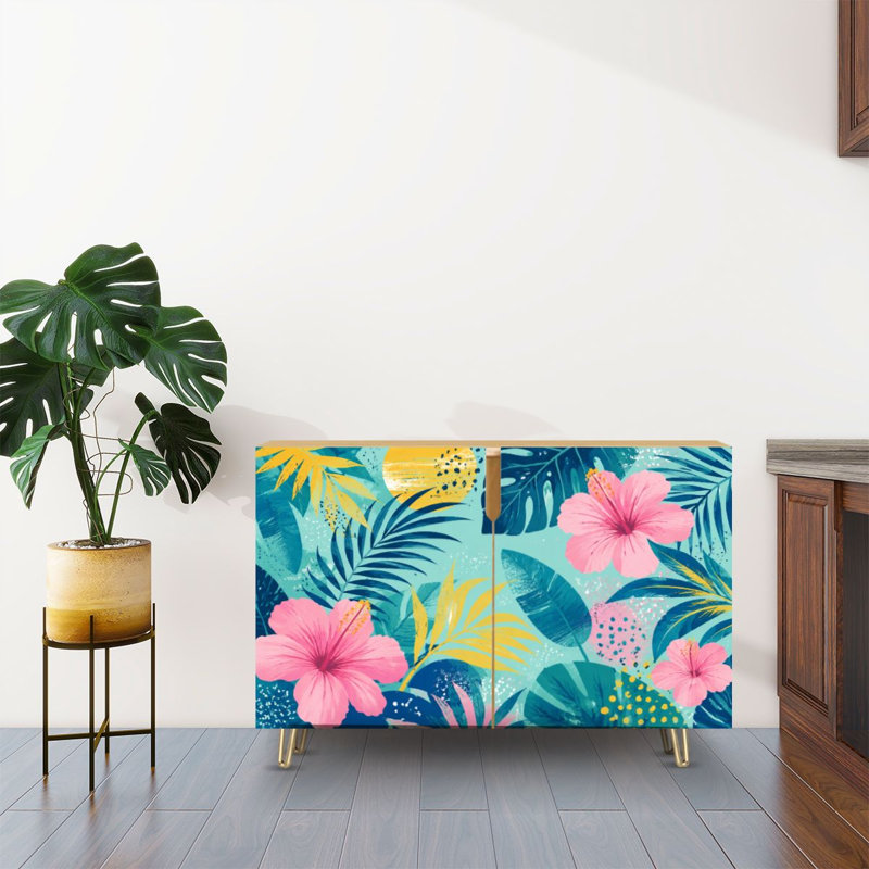 Buffet avec fleurs tropicales Mid-Century Modern Art