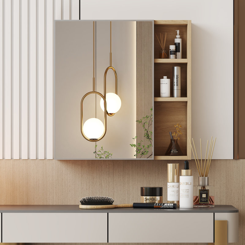 Multi-Function Wood Grain Mirror Cabinet with Storage, Space-Saving Wall-Mounted Design, Brown