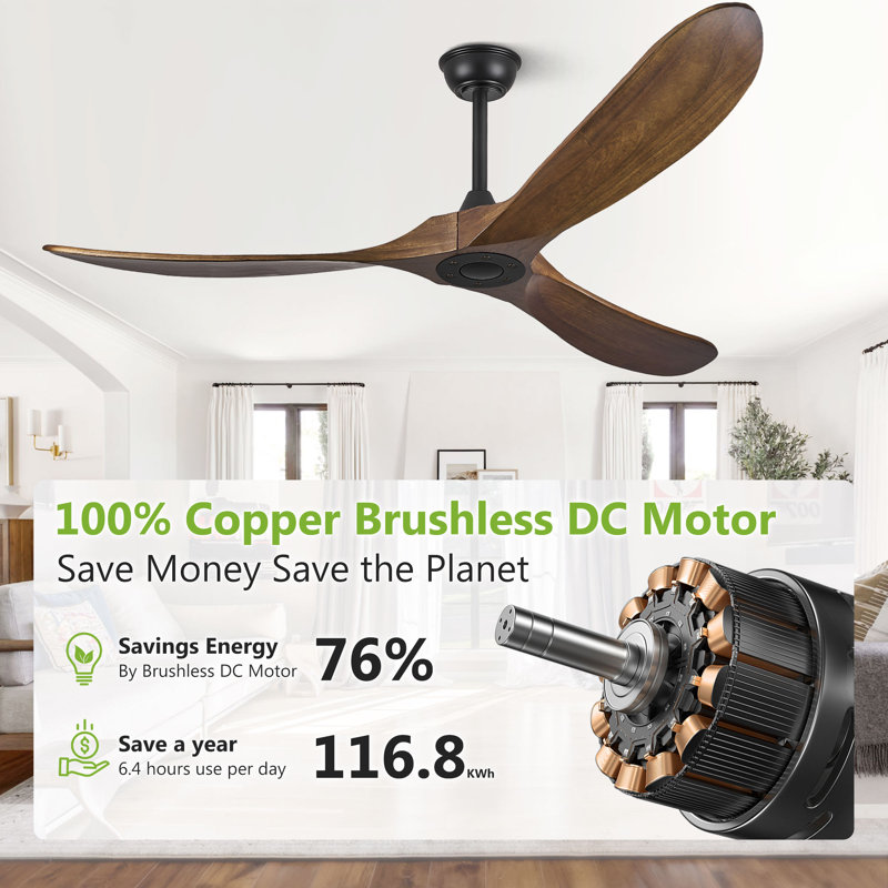 Ventilateur de plafond en bois à 3 pales de 72 po avec télécommande à 6 vitesses sans lumières, moteur réversible, minuterie et fonction mémoire