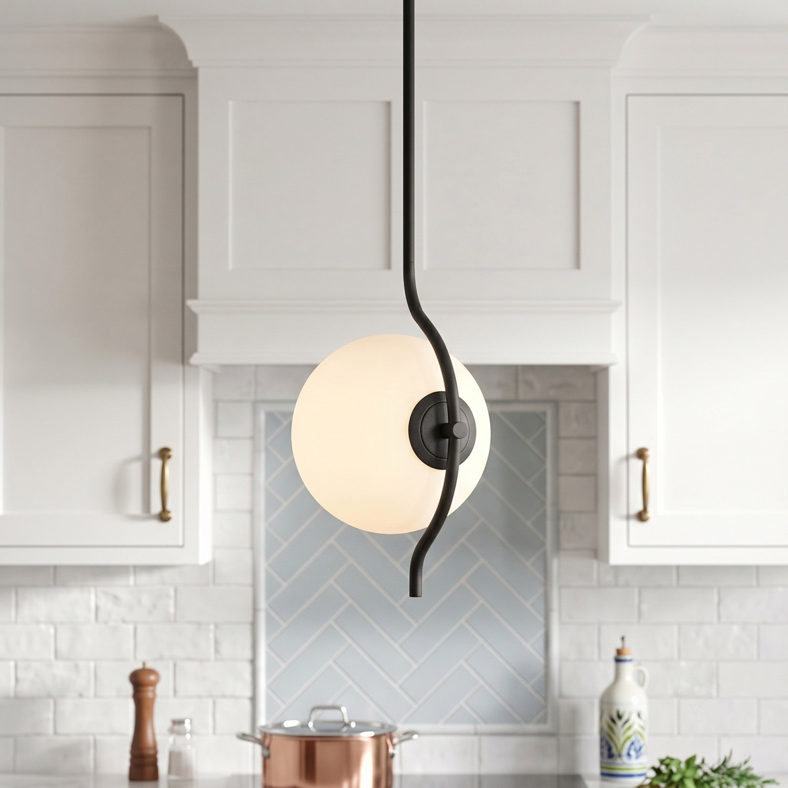 Dimmable Curved Jade Glass Globe Globe Pendant, Matte Black
