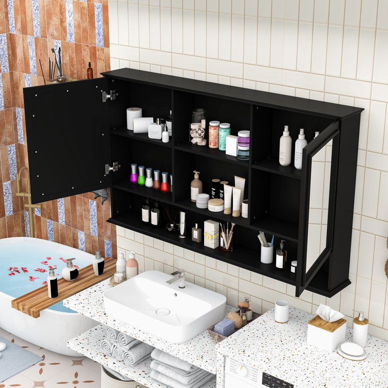 Armoire à miroir haute définition avec tablettes réglables et charnières à fermeture douce, Noir