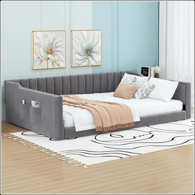 Lit de jour double rembourré en velours avec poche de rangement latérale, Full XL, Grey