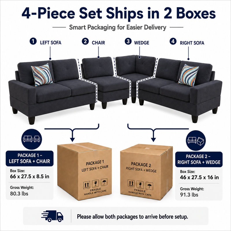 Canapé modulaire 4 pièces avec méridienne réversible et coussins décoratifs 4 pièces, Gris foncé