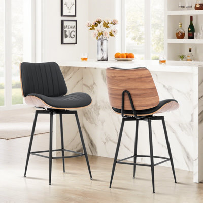 Walnut Bentwood & Faux Leather Swivel Bar Stool with Metal Legs and Footrest