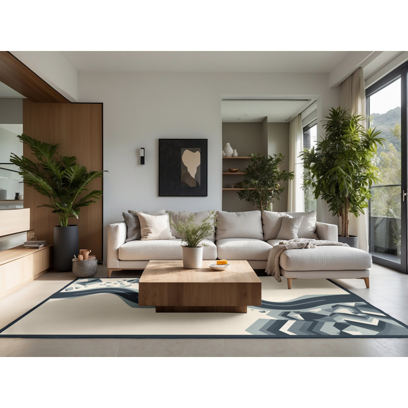 Soft Plush Kamena Minimalist Geometric Area Rug in Beige – Navy Binding, 6x9