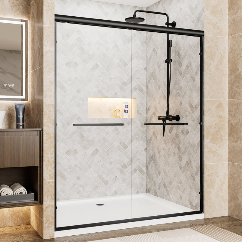 56-60" W X 72" H Double Sliding Shower Door, Matte Black Aluminum Frame, Clear Tempered Glass, Dual Stainless Steel Handles | Gift Idea