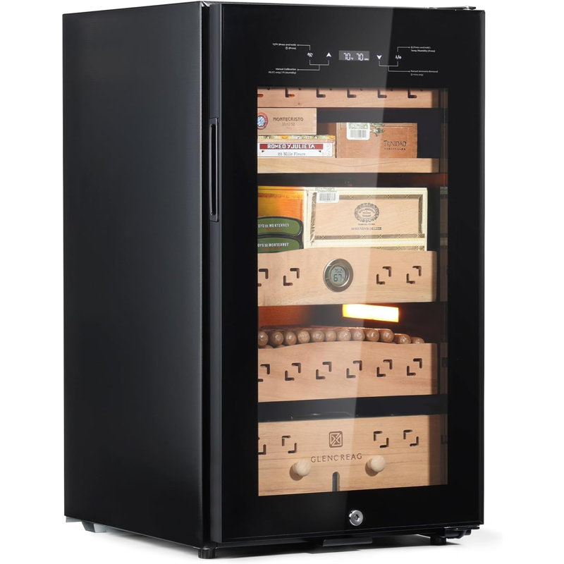 Armoire à cigares électrique Cm80d 75l avec refroidissement par compresseur, circulation à 360 ° et retrait breveté de l'ammoniac, contrôle précis de l'humidité et de la température, tiroirs en cèdre espagnol, serrure et lumière - 900 points