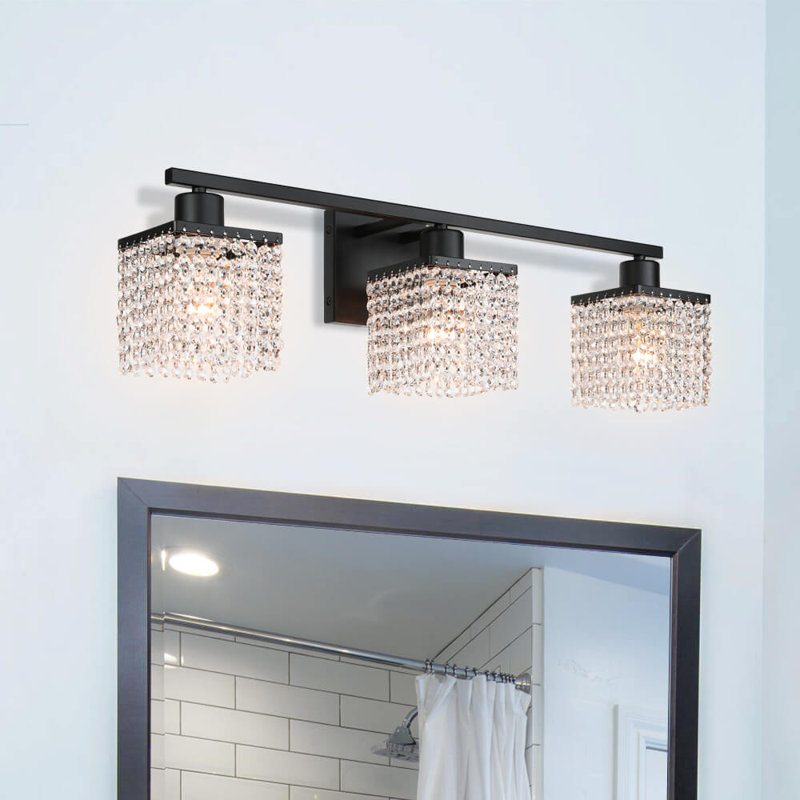 3 Light Bathroom Vanity Wall Light with K9 Clear Crystal String Shade over Mirror
