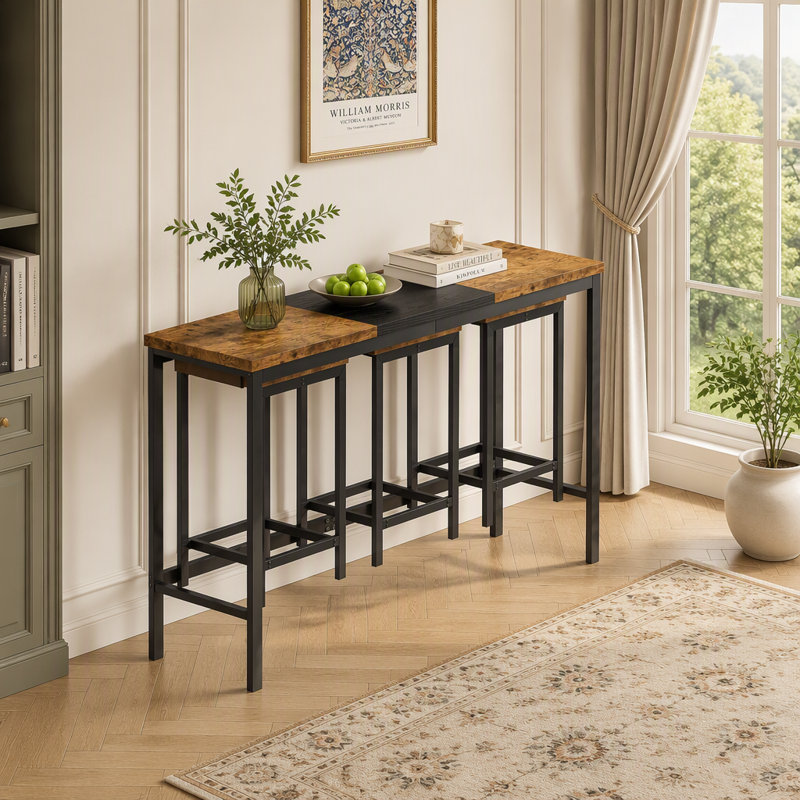 Table de salle à manger de cuisine moderne, table de pub, ensemble de table de salle à manger longue avec 3 tabourets, conception de tabouret suspendu pratique