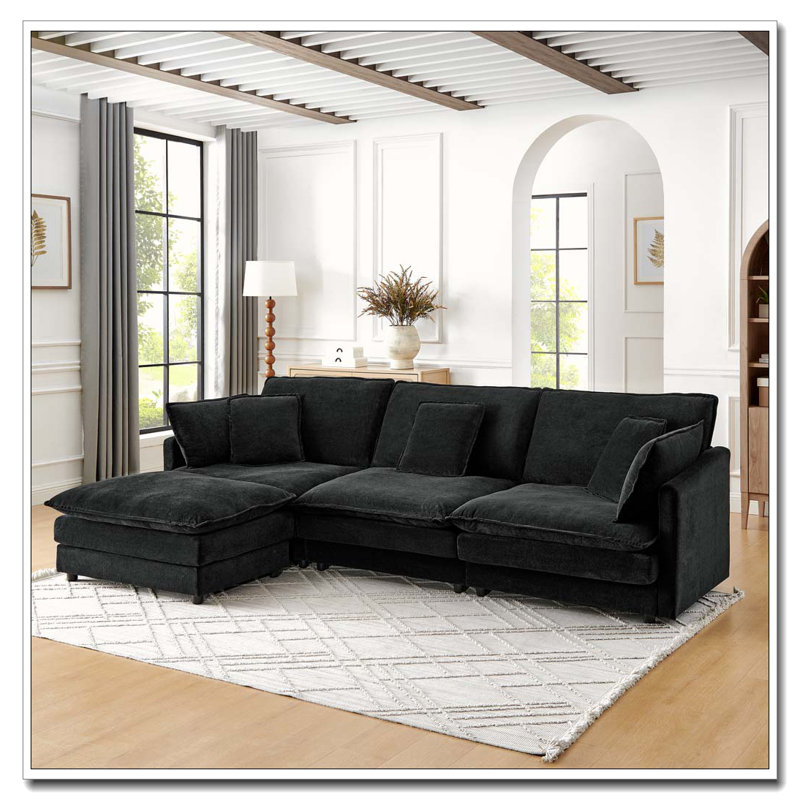 Canapé-lit modulaire en L avec repose-pieds, canapé convertible surdimensionné pour 4 personnes, Noir