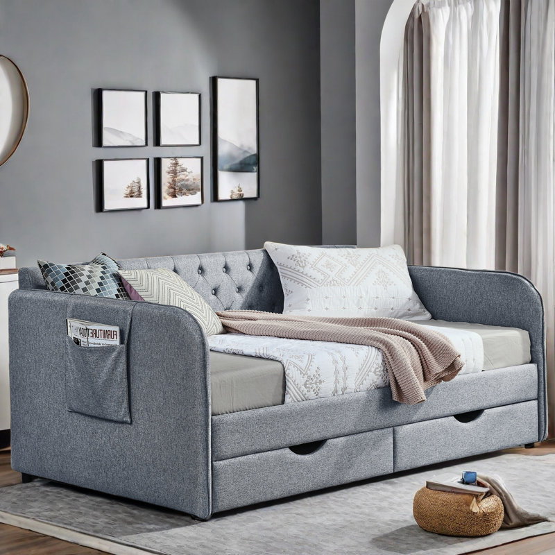 Braddon  Daybed With Trundle, Two Drawers , Side Pockets And Button Tufted Design, Gray