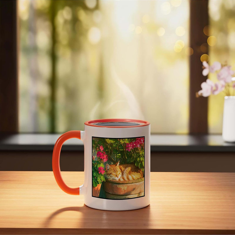 Sleeping Orange Cat In Flower Pot Garden Ceramic Mug, 11oz, Orange