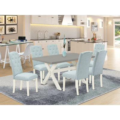 7 Piece Dining Table Set Consist of a Rectangle Dining Room Table with X-Legs and 6 Baby Blue Linen Fabric Upholstered Chairs, wire brushed linen white 