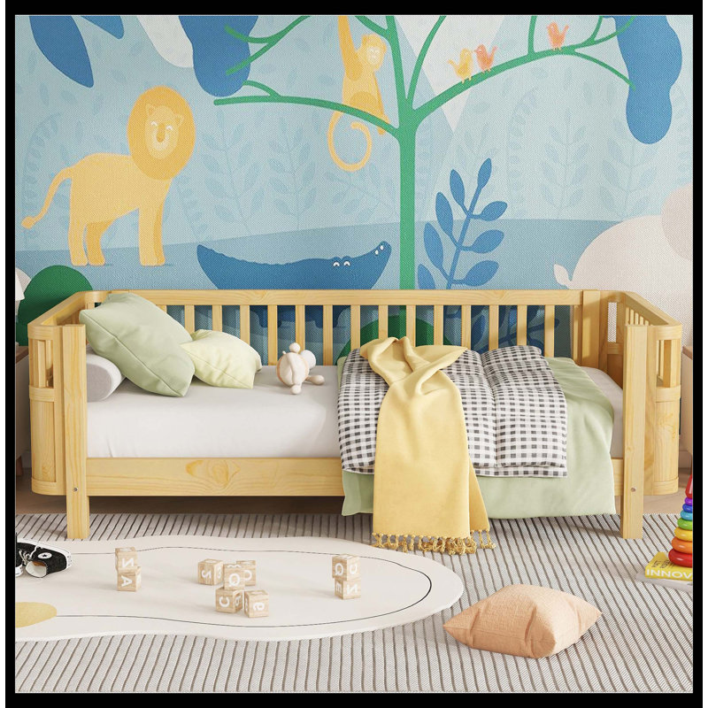 Twin Size Wood Platform Bed For Kids, Wood Low Profile Twin Bed With Rails For Girls And Boys, Natural