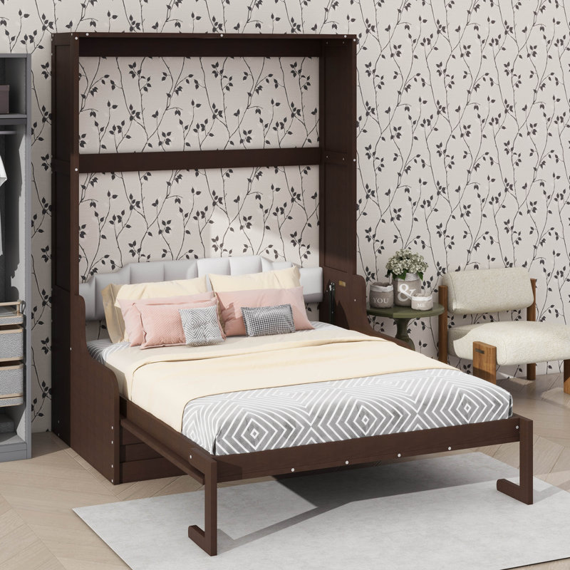 Grand lit escamotable mural avec coussin, cadre de lit pliable en bois convertible en canapé, Espresso