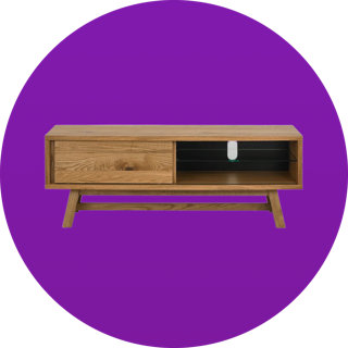 Mid-century modern oak TV stand with a sliding door and glass shelf on a solid purple background.