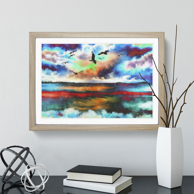 Birds over a Colourful Ocean - Picture Frame Painting, Oak Framed, 48cm H x 65cm W x 2cm D