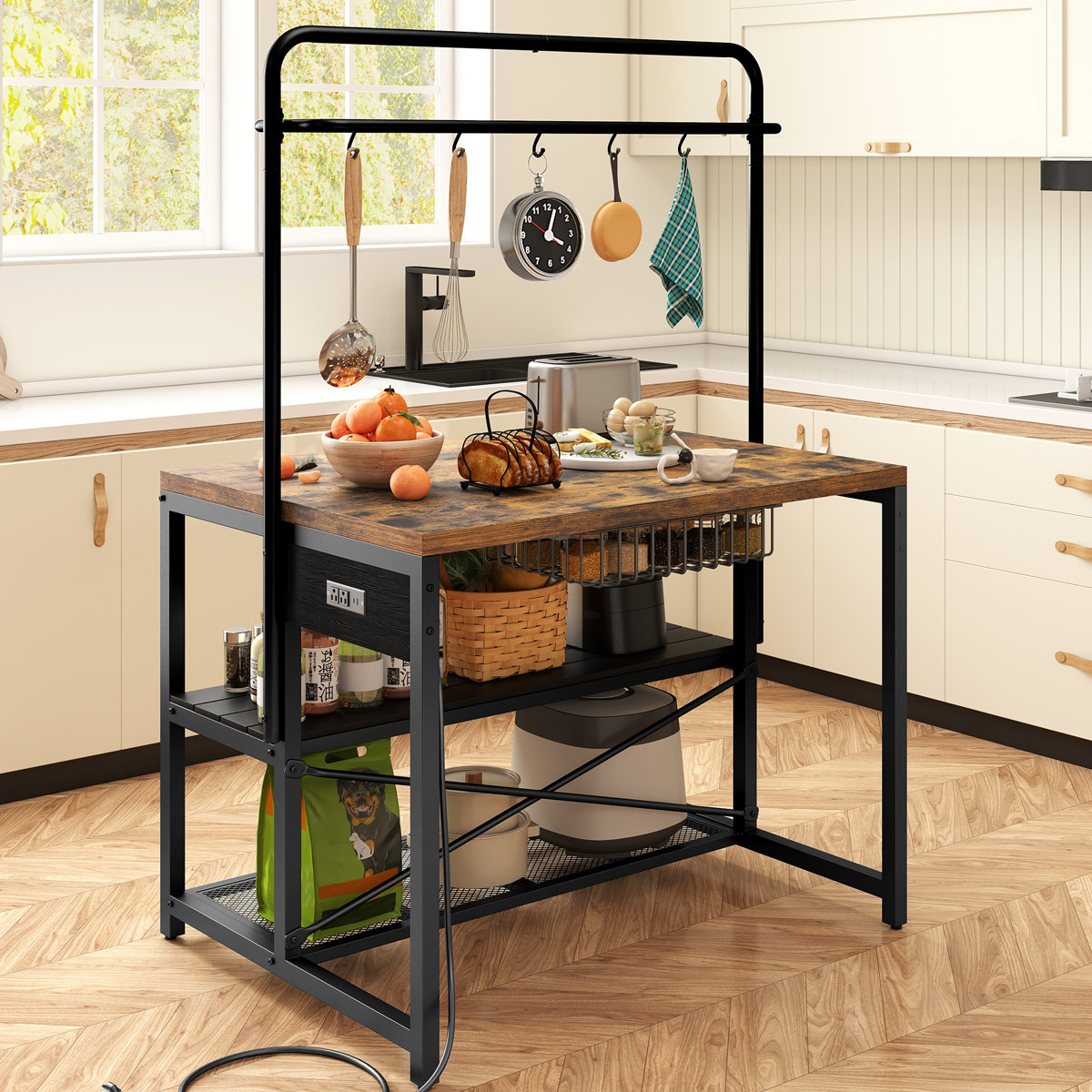 46''W Kitchen Island With Storage, Bakers Rack With 5 Racks