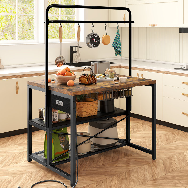 46''W Kitchen Island With Storage, Bakers Rack With 5 Racks