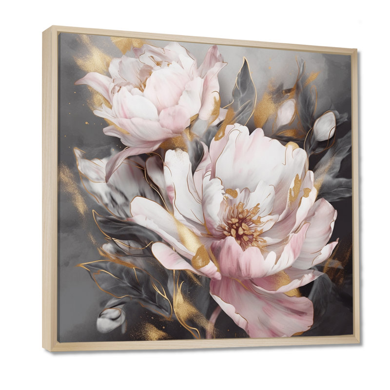 Pink Grey Peonies Elegance II - Print, 16" H x 16" W, Floater Framed, Brown