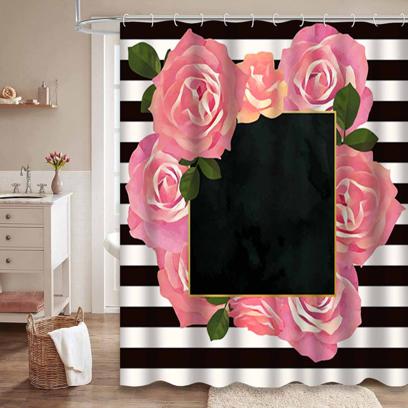 Rideau de douche Trendy Floral Rose Black Gold White avec 12 crochets, L 72 po x l 84 po