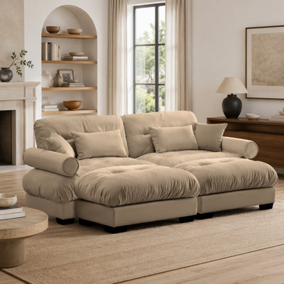 Canapé deux places surdimensionné moderne avec repose-pieds, accoudoirs en velours 2 places avec traversin rond, avec coussin de taille et coussins décoratifs, petit canapé en forme de L pour le salon, la salle de lecture, le loft et la chambre à coucher, crème