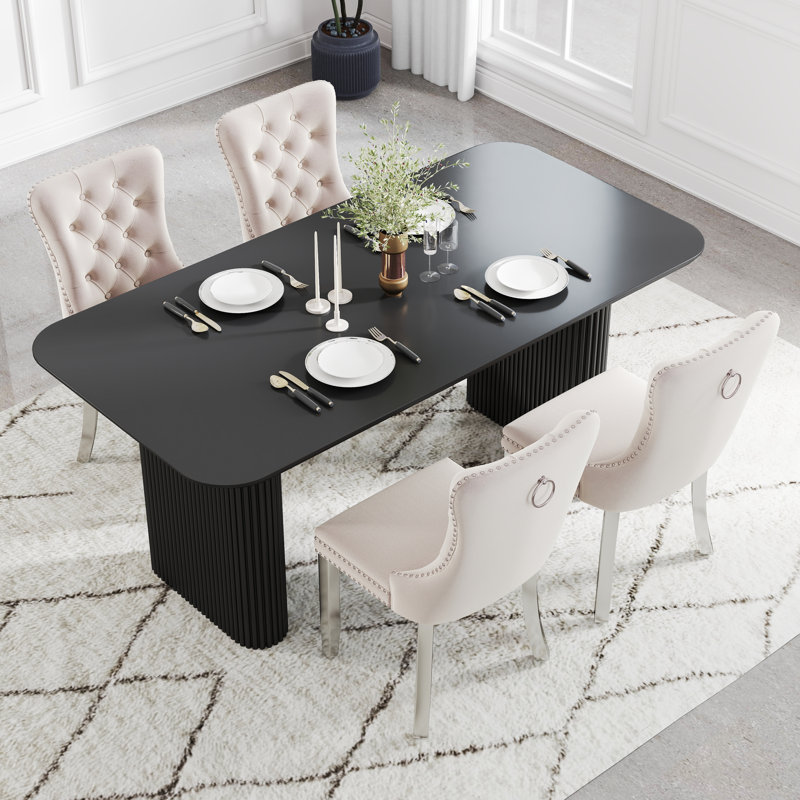 Ensemble de salle à manger rectangulaire en bois avec chaise capitonnée, 5, Beige, Noir
