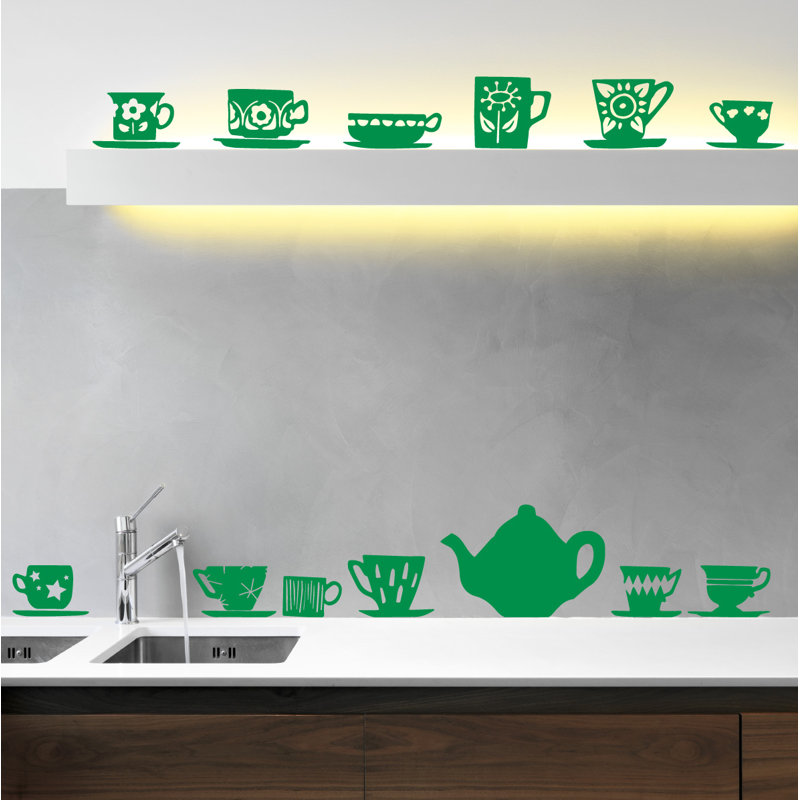 Décalcomanie murale tasses de thé, H 23 po x l 24 po x P 0,01 po, Vert clair