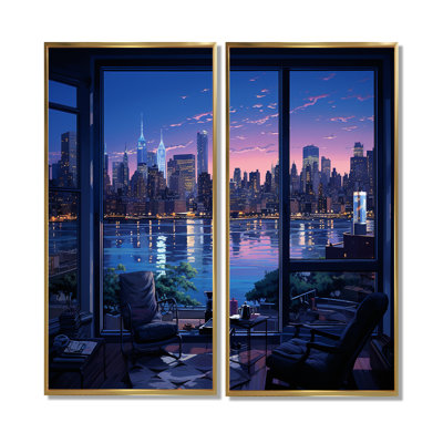 «Blue Nyc At Night Window View III», reproductions d'art industriel sur toile 2 pièces
