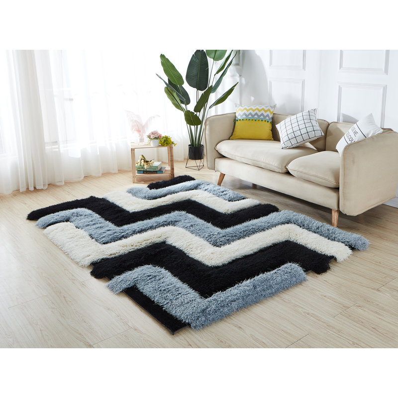 Tapis à poil long bleu / blanc cassé / noir Hajriz