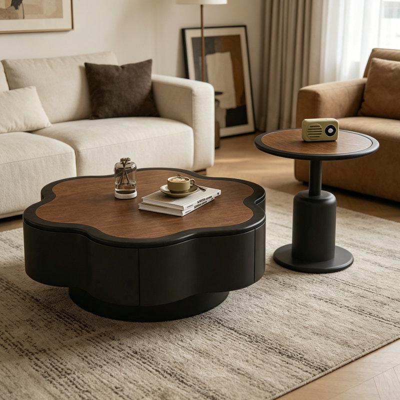 Table basse à pétales rétro français, 13" H x 31.49" L x 31.49" W, Black