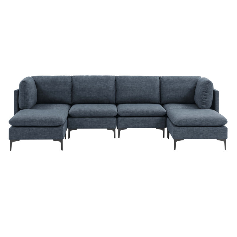 35.00×123.00×61.50 Inch Linen Modular Sectional Sofa, Custom Layout & Easy Assembly, Linen Upholstered Couch With Metal Legs For Living Room Dark Blue