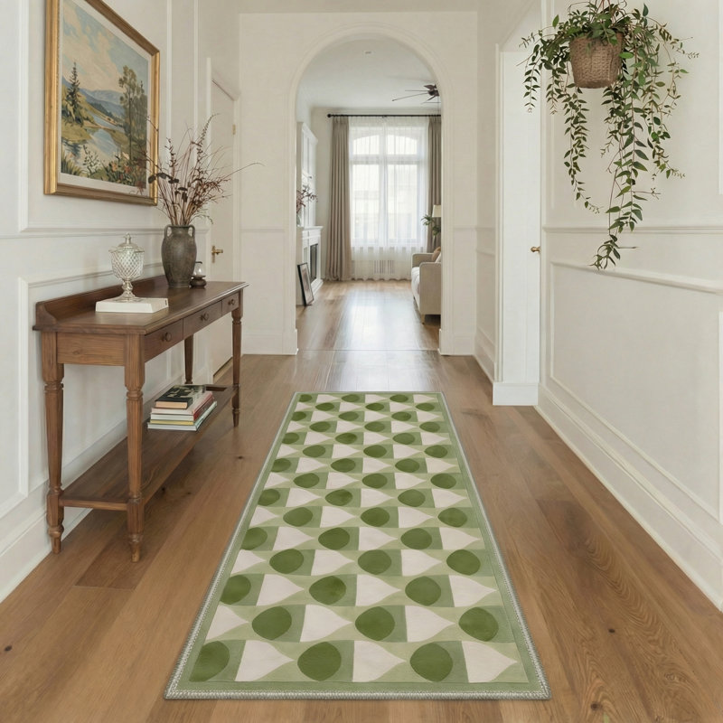 Abdellah Geometric Machine Washable Green / Beige Indoor Area Rug with Non-Slip Backing, Runner 2' x 6'