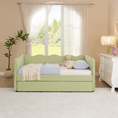 Cozy Gingham Daybed with Trundle,Sofa Bed No Box Spring Needed,with USB Port and Adorable Wave Shaped,Linen Fabric by Lark Manor