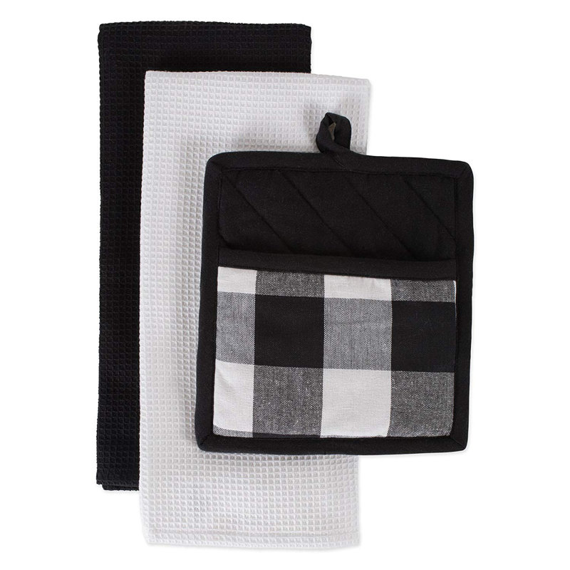 Gracie Oaks Wolsingham Cotton Potholder Set, Black/White