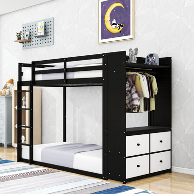 Twin over Twin Wooden Bunk Bed with Integrated Wardrobe, Light Strip and Storage Drawers
