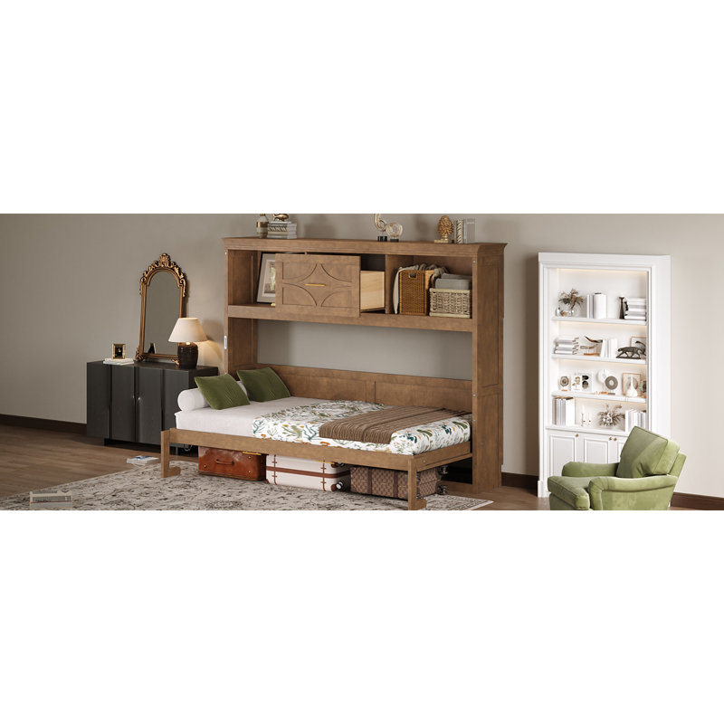 Lit escamotable simple avec station de charge et tiroir, couleur bois
