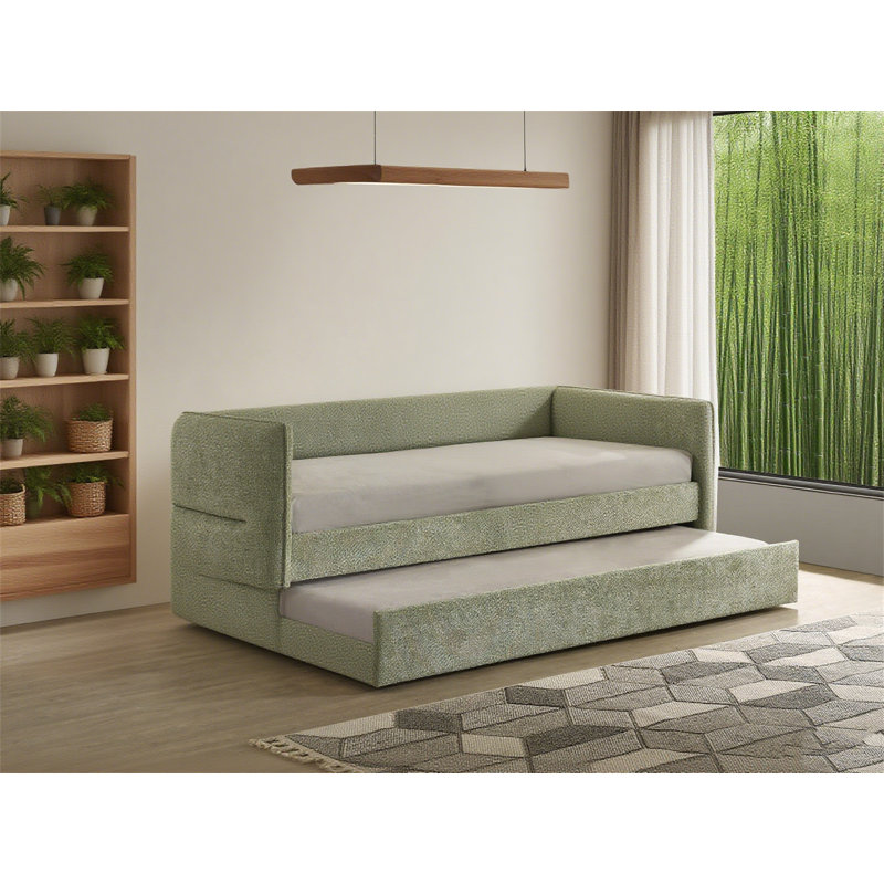 Pull Out Bed, Upholstered Daybed With Pull Out Trundle, Bed Frame With Button Tufted Nailhead Trim, No Box Spring Needed