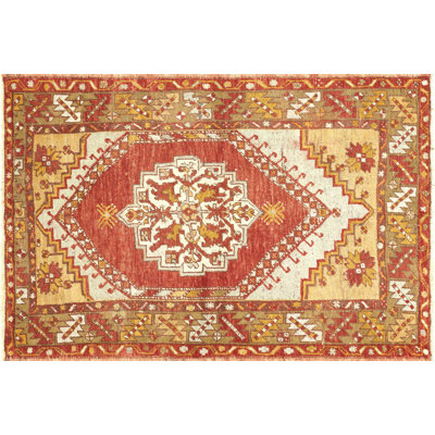 One-of-a-Kind Hand-Knotted 1960s 3'4" x 5'1" Wool Area Rug in Red/Ivory/Orange/Brown