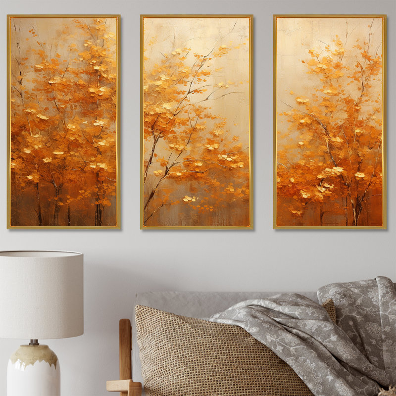 «Golden Autumn Forest Harmony I», ensemble d'art mural sur toile, H 40 po x l 60 po x P 1 po, Cadre flottant doré