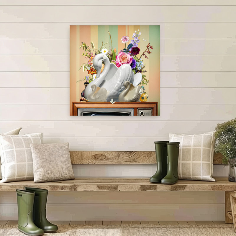 Whimsical Swan Still Life Colorful Retro Vibrant Butterfly Bird Daisy Flower Nature Wall Art Print, 81.28cm H x 81.28cm W